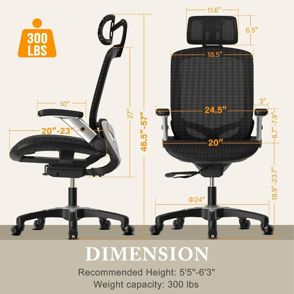 

Ergonomic Office Mesh Chair, High-Back Desk Chairs with Sliding Seat, Adjustable Flip-up Armrest & 2 D Headrest, Office Chair