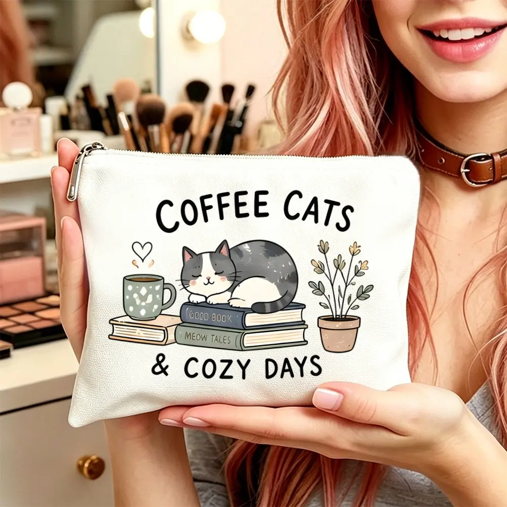 1pc Makeup Bag Cosmetic and Toiletry Pouch Gift for Women Coffee Cats Cozy Days Mom Daughters Friends Christmas Hallowmas Gift