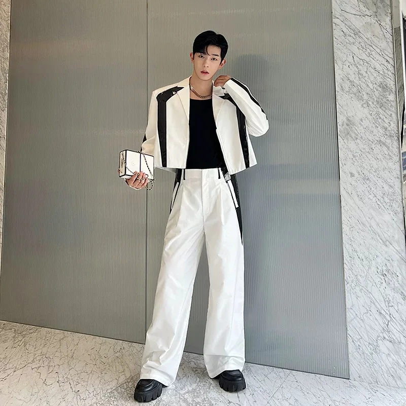 

Trendy Male Men Sets Chic Ins Cool Contrast Color Patchwork Suit Jackets Wide Leg Pants 2pcs Outfit Moto Biker Punk Hippie Suit