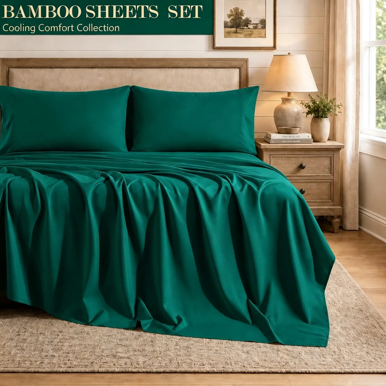 3/4pcs Bamboo Cooling Bed Sheet Set with Pillowcases, 16' Deep Pockets Soft Breathable Fitted Sheet, Queen King Size Bed Sheets, Bedroom Home Decor Bedding for Daily Use