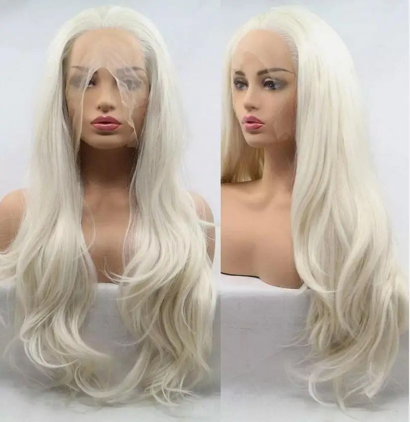 Lace Front Wig Long Wavy Heat Resistant Hair Platinum blonde