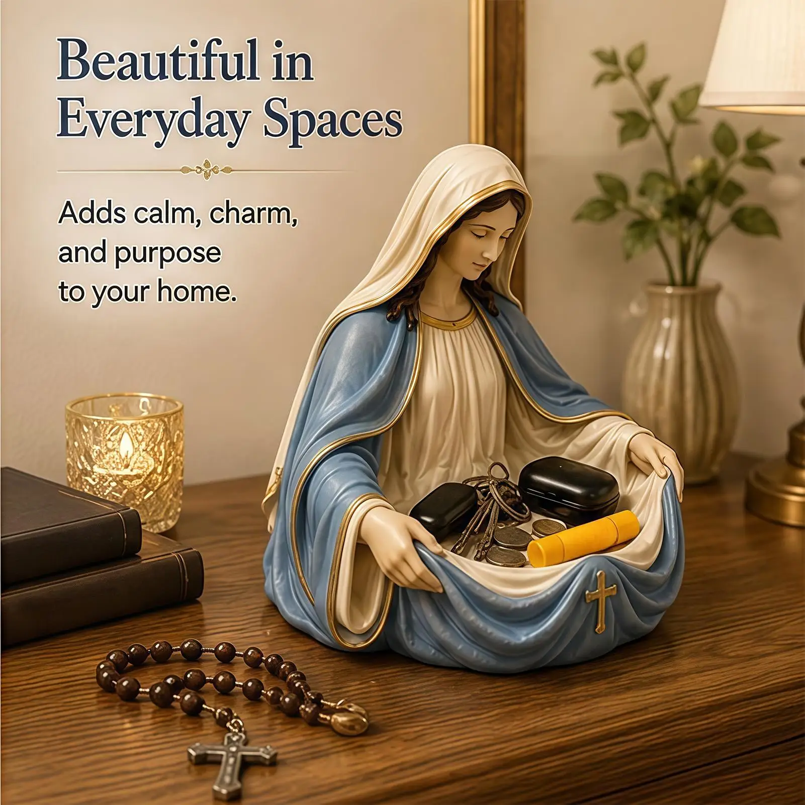 Support de chapelet Vierge Marie, plateau pour statue Marie et Jésus, élégante boîte à chapelet Notre-Dame, cadeau religieux, décoration de table pour la maison