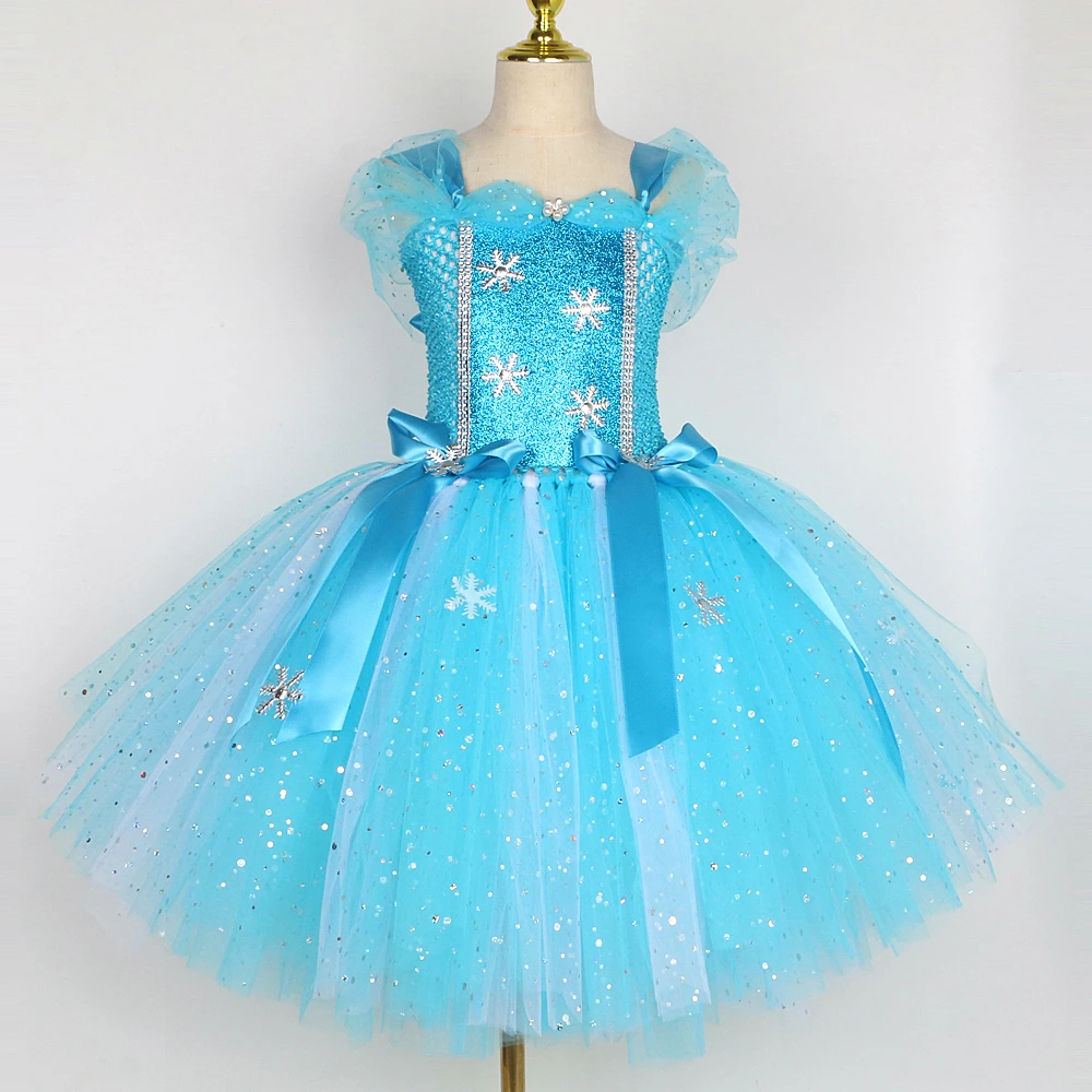 Sparkly Skyblue Elsa Costumes for Girls Glittery Snow Queen Princess Dresses for Kids Snowflakes Christmas Carnival Outfits Gift