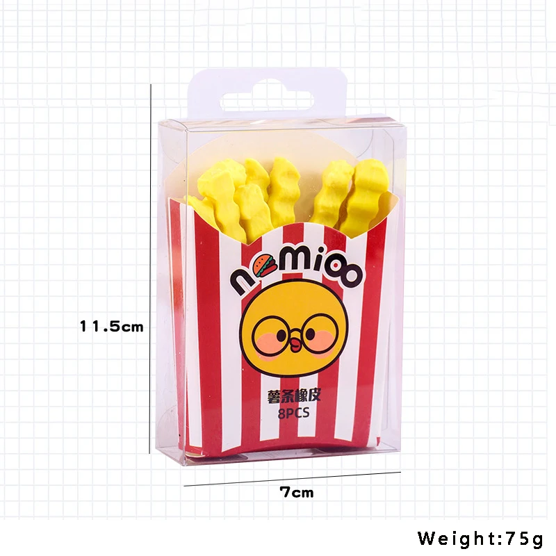 8pcs/Boxes Cute Creative French Fries Pencil Erasers Stationery Student School Office Supplies Wholesale