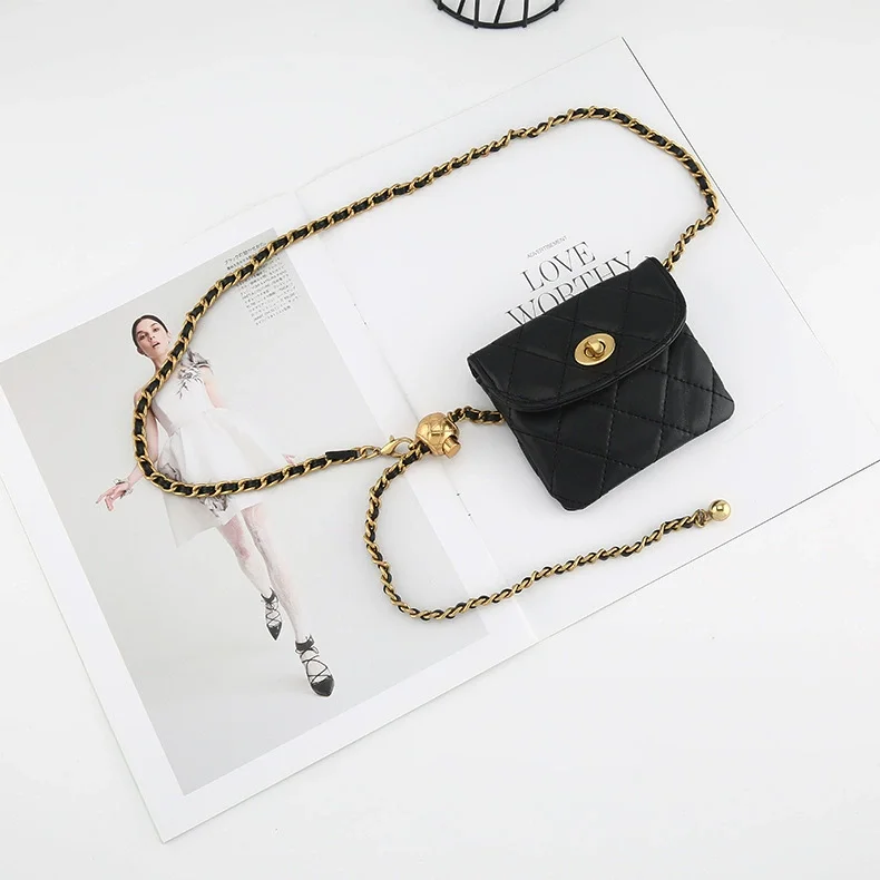 Women's PU Leather Knitted Chain Bag Corset Female Cummerbund Coat Waistband Dress Decration Narrow Belt  J930