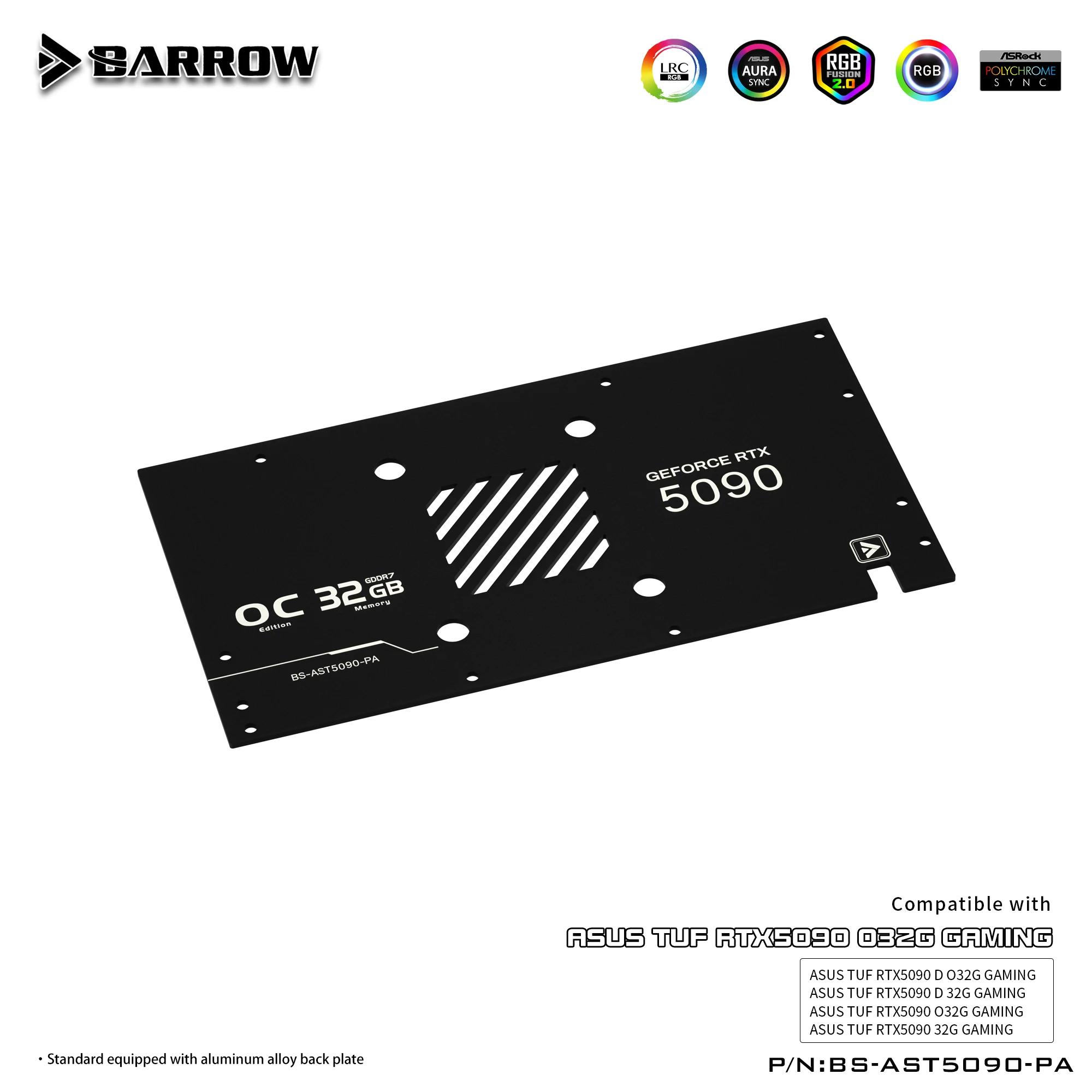 Barrow غطاء كامل GPU كتلة المياه لـ ASUS TUF RTX 5090D مع مبدد حرارة تبريد سائل أكريليك من النيكل RGB LED - BS-AST5090-PA