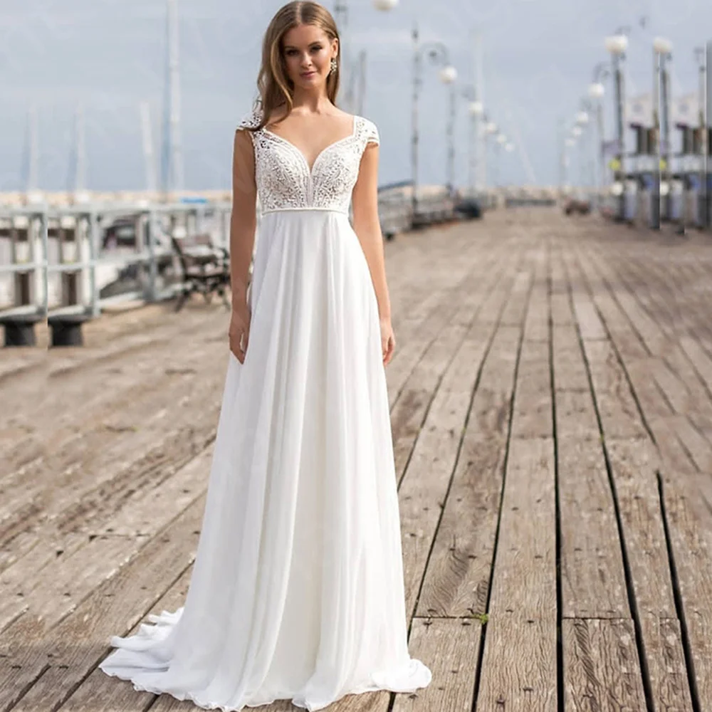 Summer Boho Wedding Dresses Lace Beach Bridal Gowns V Neckline Cap Sleeves Dress for Illusion Back Vestido de novia