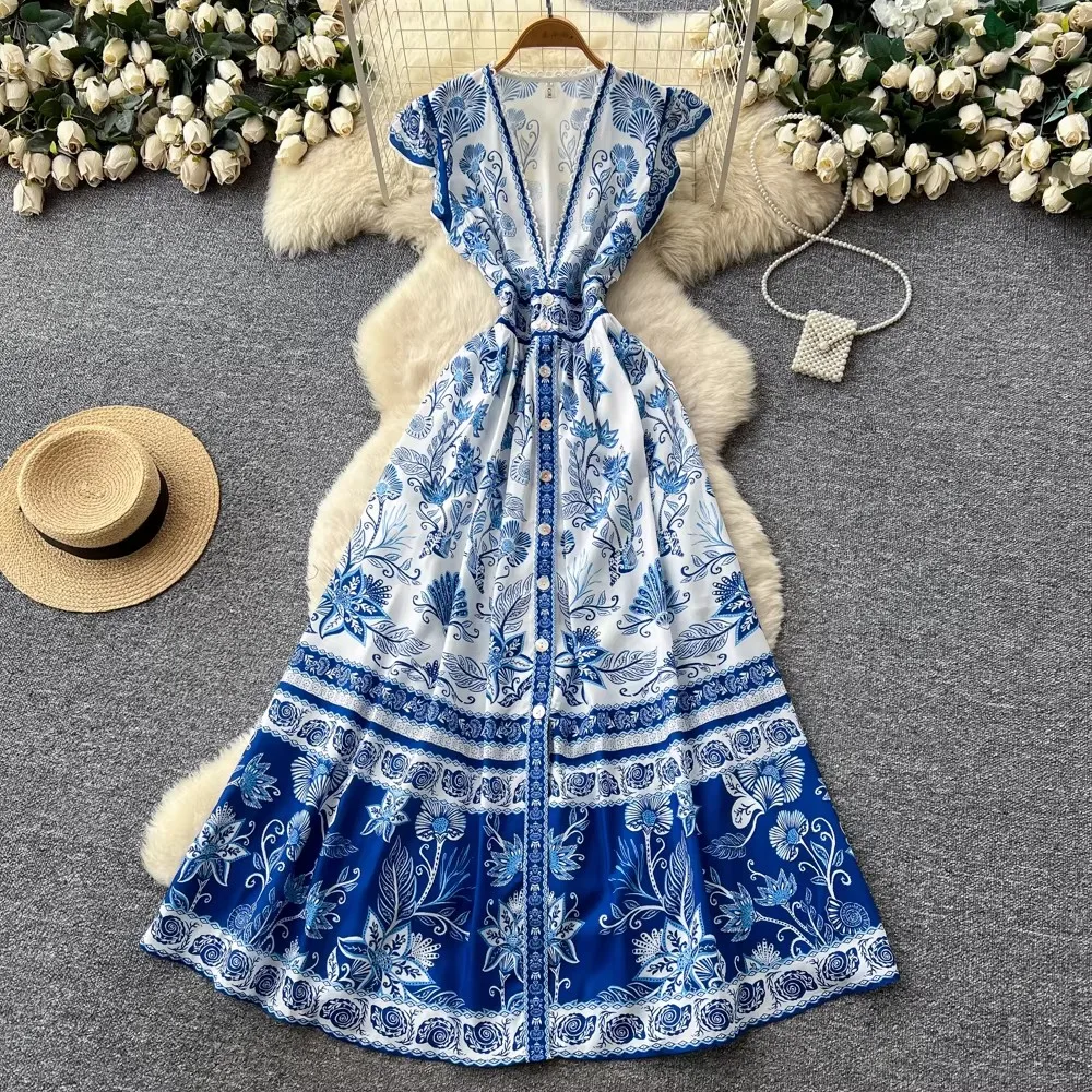 

Summer Ele Floral Print Dr Women's 2026 New Retro V-Neck Slim Fit Sleeve Single Button High Waist Beach Pleated Long Dress