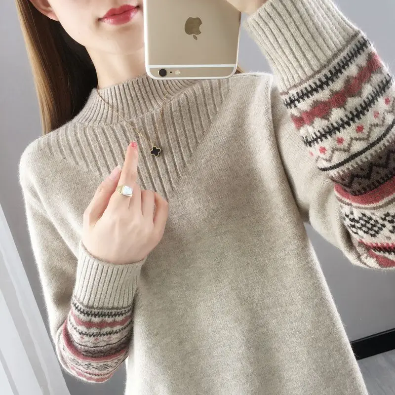 الراقية المرأة محبوك سترة f عالية طوق قاعدة طبقة طويلة Sve العلوي تي شيرت كومبو منتظم رقيقة الشتاء Sle