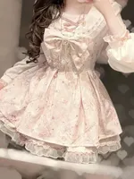 Japanese JK Sweet Fake Two Piece Kawaii Dress New Printed Bow Fashion Lolita Slim Dresses Harajuku Vintage Suits Fairy Women