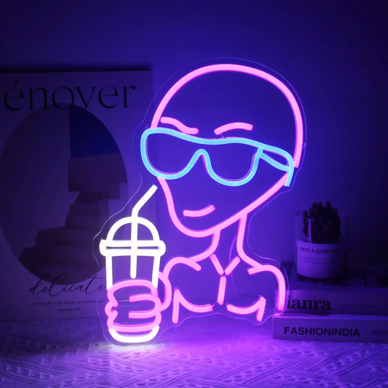 Cool Alien Neon Sign Sunglasses Drink LED Wall Art USB Powered Lamp Pink Blue Decor Home Bar Party Aesthetic Hanging Light