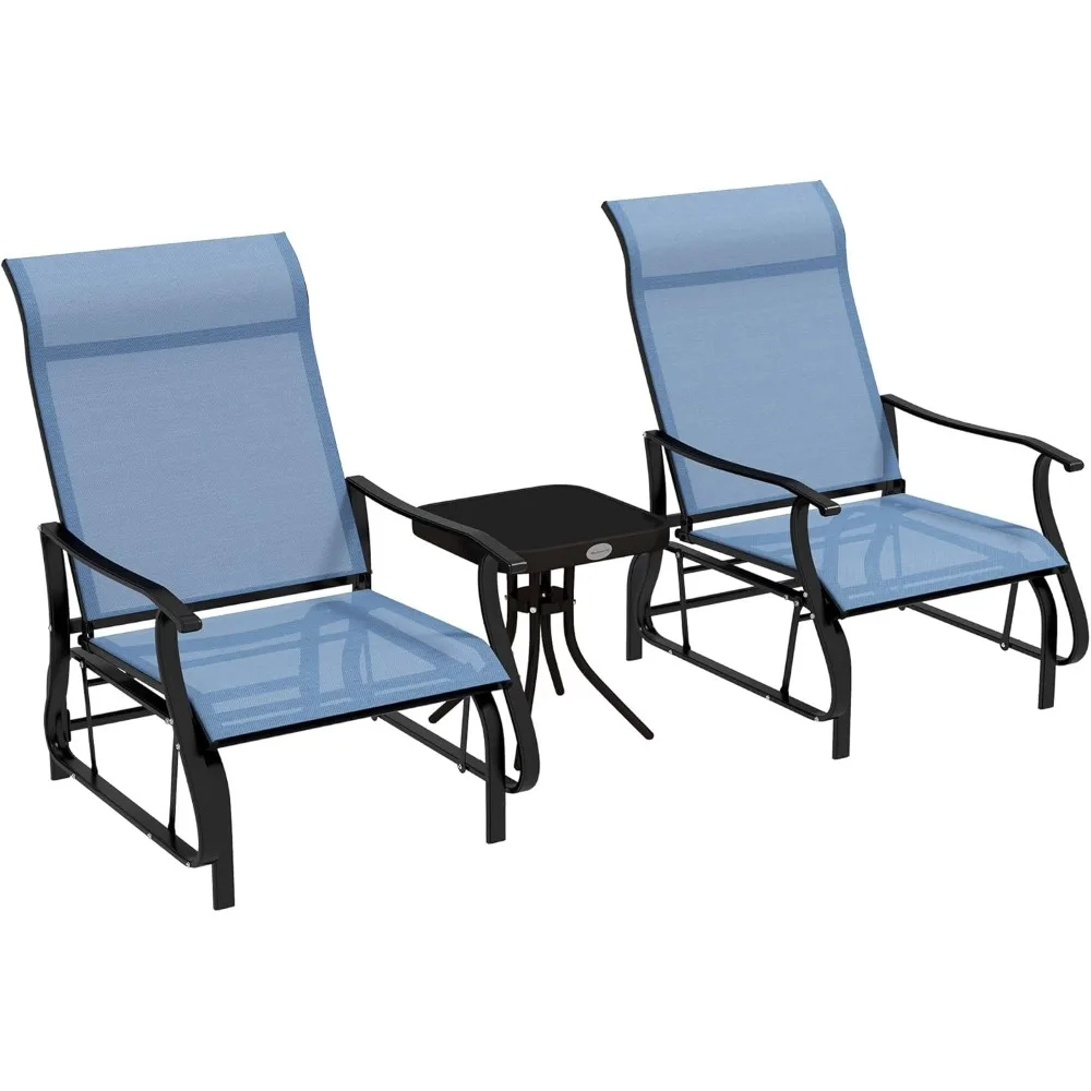 

3-Piece Outdoor Gliders Set Bistro Set with Steel Frame, Tempered Glass Top Table for Patio, Garden, Backyard, Lawn, Light Blue