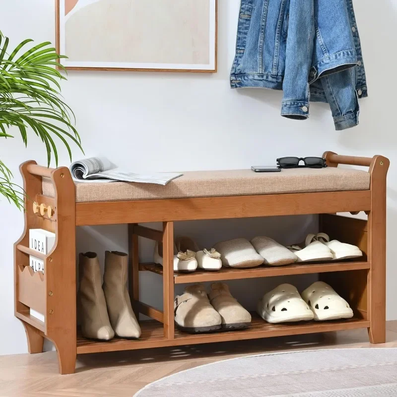 

Shoe Storage Bench with Hidden Drawer and Side Holder, Shoe Rack Bench, Dark Brown Bamboo