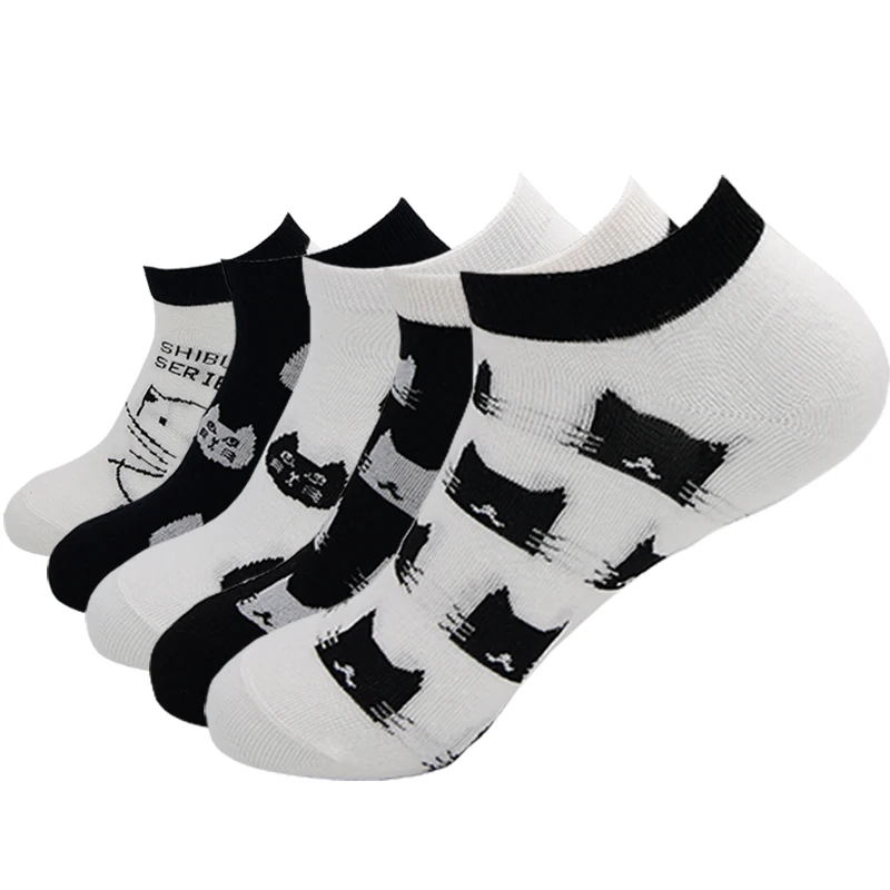 5 Pairs Women Socks Harajuku Cartoon Cute Cat Cotton Ankle Socks Korean Girls Kawaii Casual Breathable Short Sock Sox Calcetines