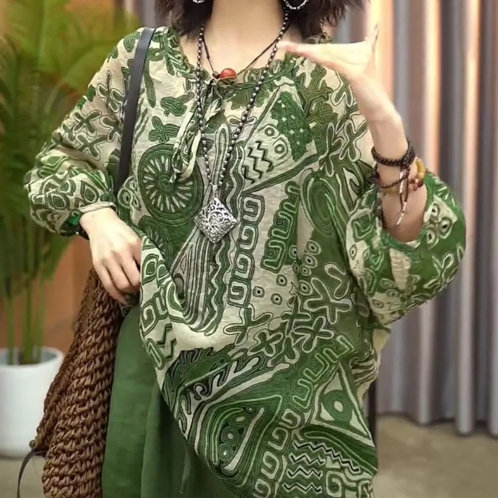 

Fashion Sunscreen Retro Loose T-shirt Round Neck Green Long Sleeve T Shirt Flower Stripe Thin Ethnic Style Tops Women
