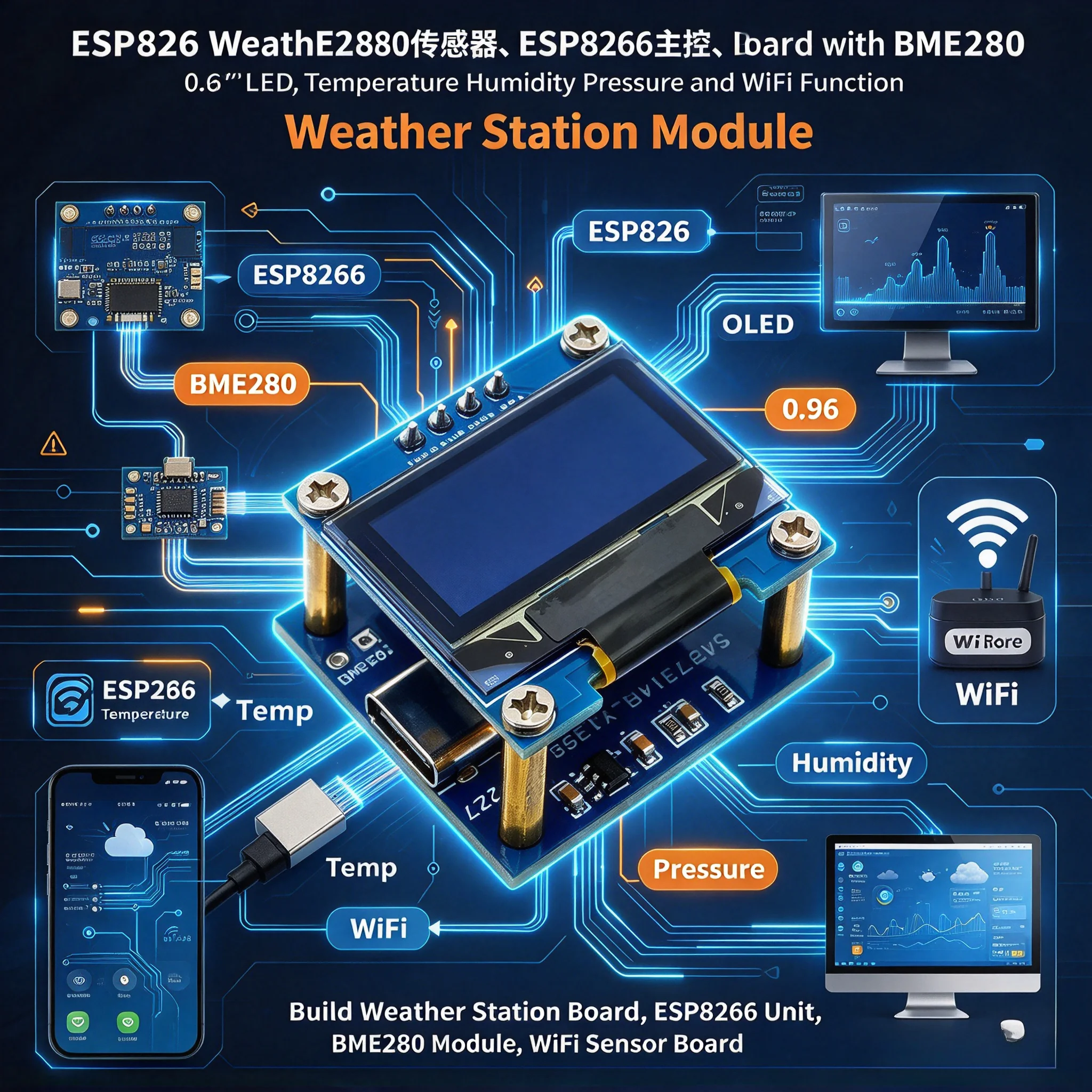 5PCS ESP8266 BME280 Weather Station Module 0.96
