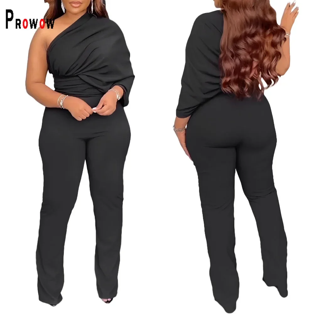 

Prowow One-shoulder Women's Jumpsuits Black Color High Waist Slim Fit One-piece Romper 2024 New Irregularity Design Clothing