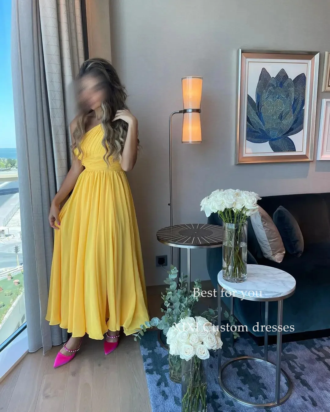 XIXI-vestido De gasa con volantes y cremallera para mujer, traje amarillo De un hombro con corte en A, elegante para fiesta De boda y Noche