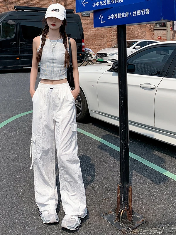 Pantaloni da lavoro da donna bianchi primavera autunno sottili a vita alta gamba dritta taglia piccola casual Qui Dry sport pantaloni a gamba larga