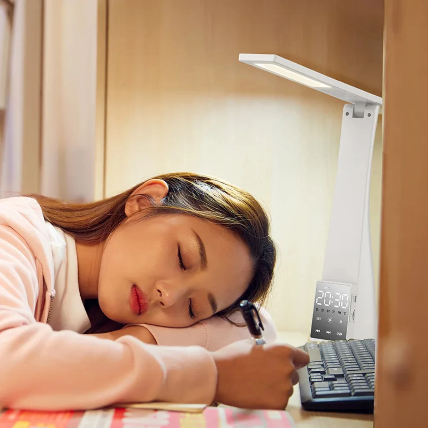 

Table Lamps Led With Alarm Clock Stepless Dimming Temperature Bluetooth Speaker Foldable USB Bedroom Night Light Desk Lamp