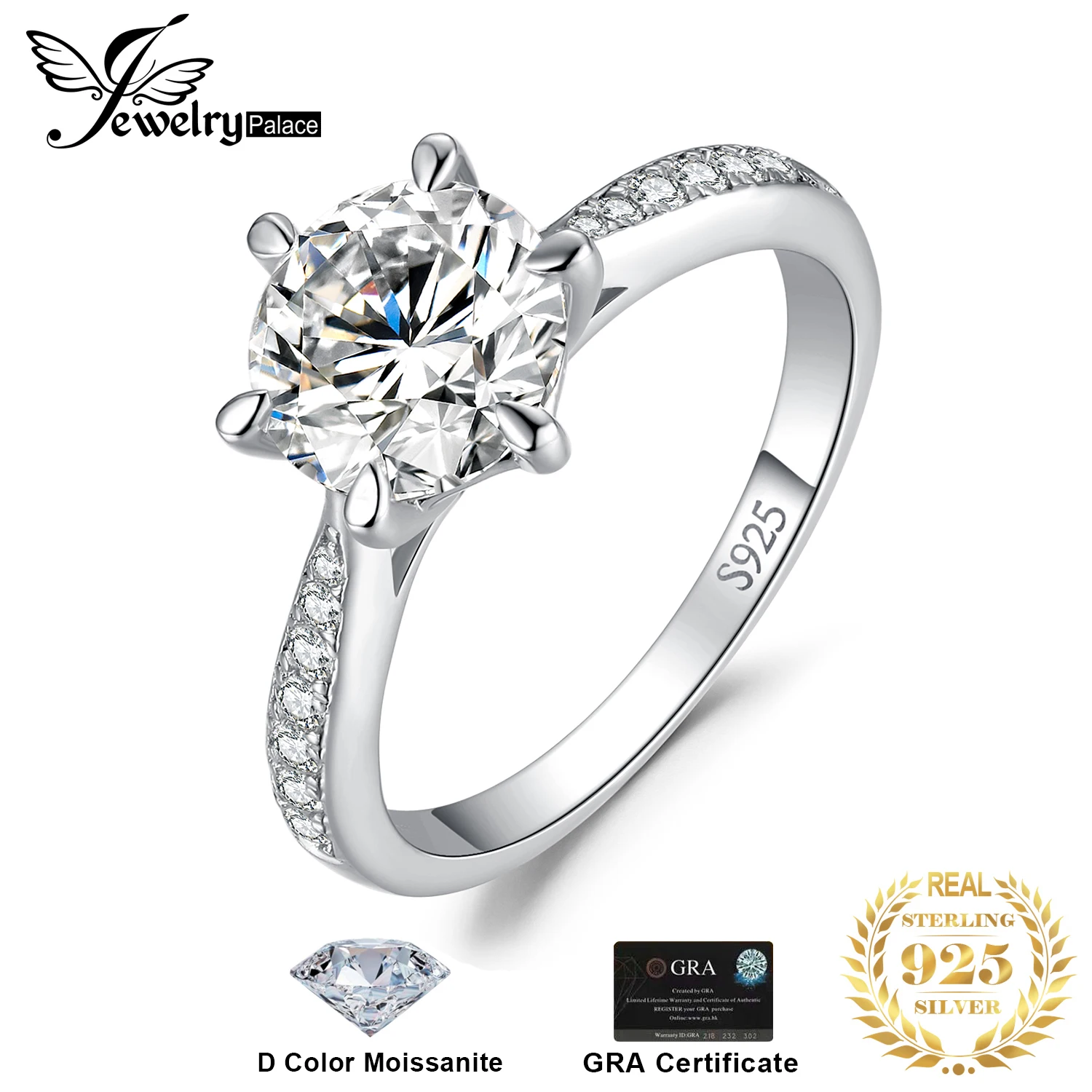 JewelryPalace Moissanite D Color 1ct 1.5ct 2ct 3ct Round S925 Sterling Silver Wedding Engagement Ring for Women