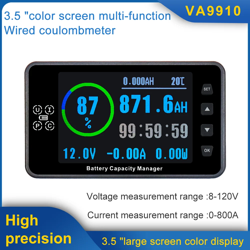 Coulometer Multi-functional Battery Capacity Meter Voltmeter Ammeter Battery Detecter 8-120V 3.5 inch Diverter With Base VA9910