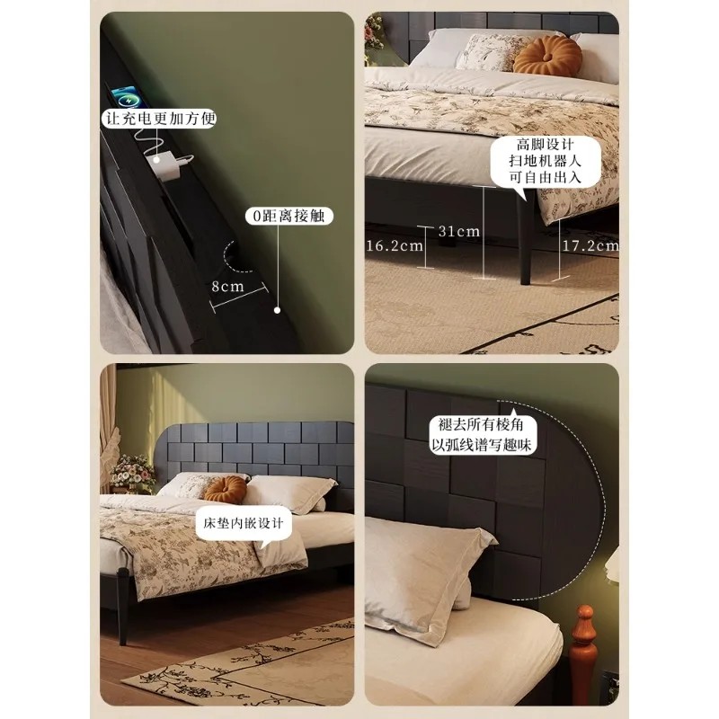 سرير أسود من الخشب الصلب بالكامل، شقة صغيرة فرنسية قديمة، غرفة نوم رئيسية، سرير مزدوج بسيط من خشب الرماد العتيق