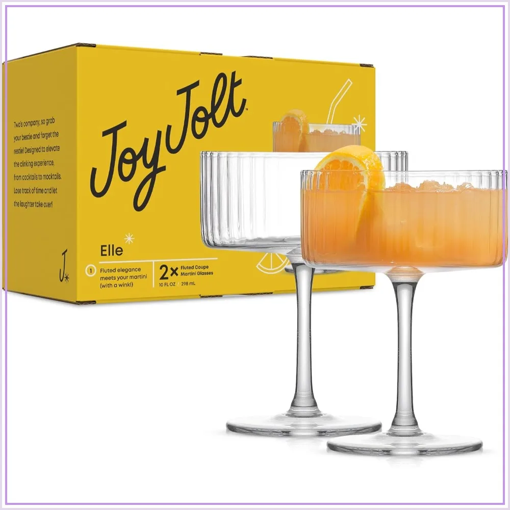 10oz Fluted Coupe Glasses Set of 2 - Vintage Style Cocktail & Martini Glasses, Ribbed Champagne Glasses