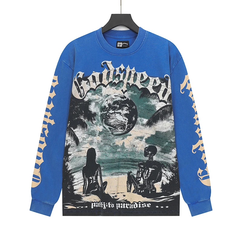 

Godspeed T-Shirt American Street Vintage Letter Logo Print Washed Do Old Autumn Winter Unisex Loose Long Sleeve T-Shirt