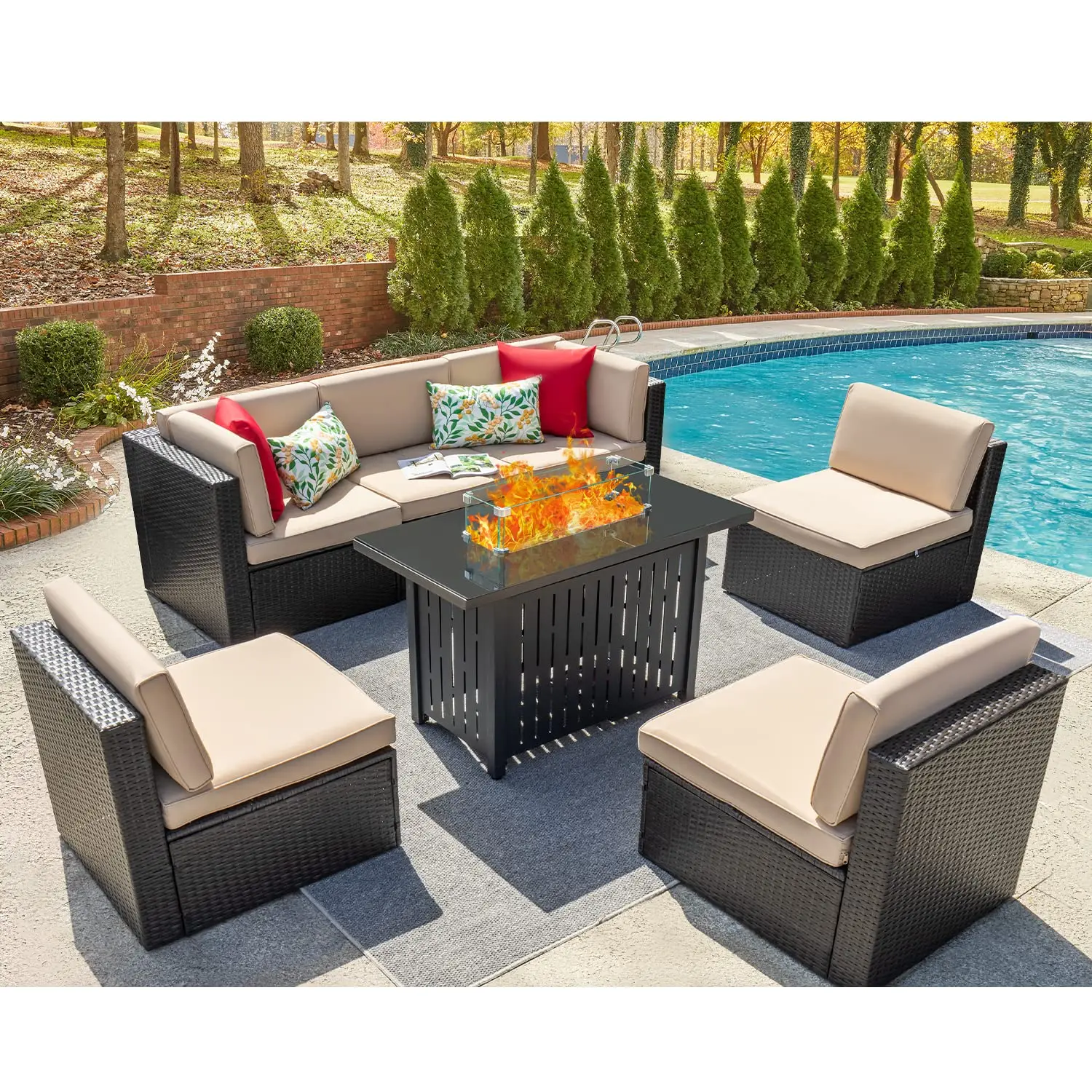 

7 Pieces Outdoor Patio Furniture Set Sectional Sofa Set with Propane Fire Pit Table and Cushions for Backyard, Bistro and Poolsi
