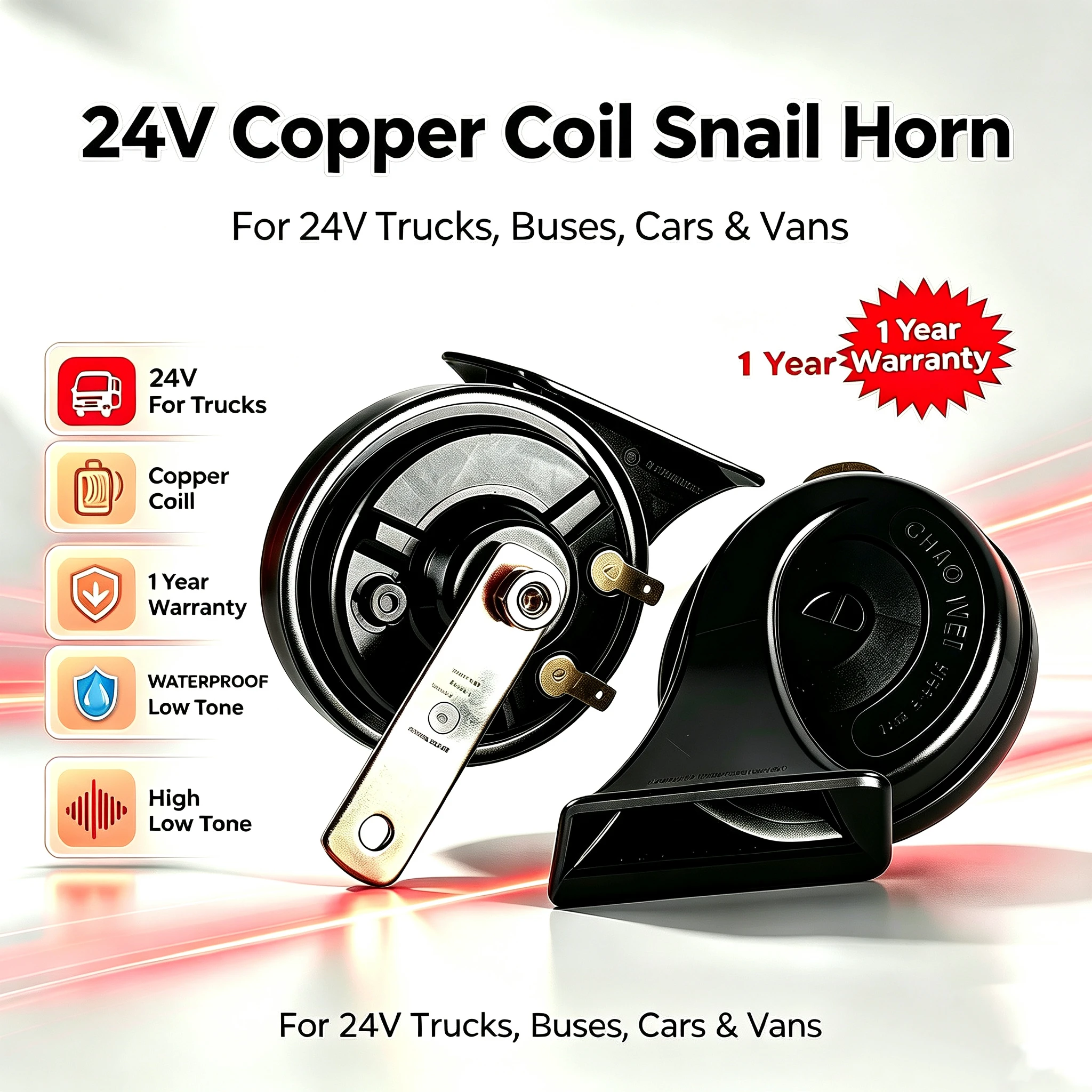 24V Electric Snail Horn 120dB Loud Car Horn Truck Horn High Low Tone Copper Coil Waterproof Klaxon for Bus Van SUV RV Boat