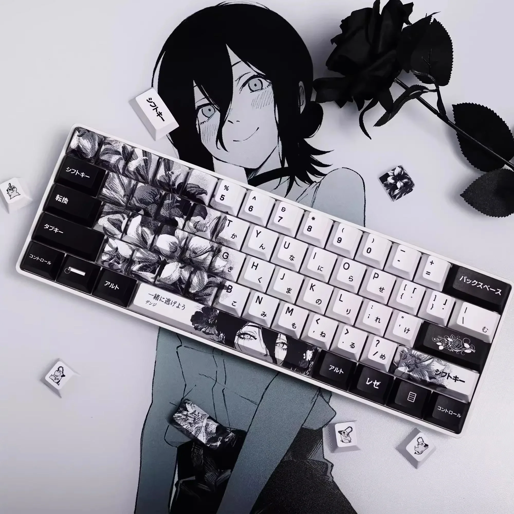 White Black Anime Theme Keycaps Set Customized PBT Sublimation Cherry Profile Keyboard Caps for Mechanical Keyboard Gifts