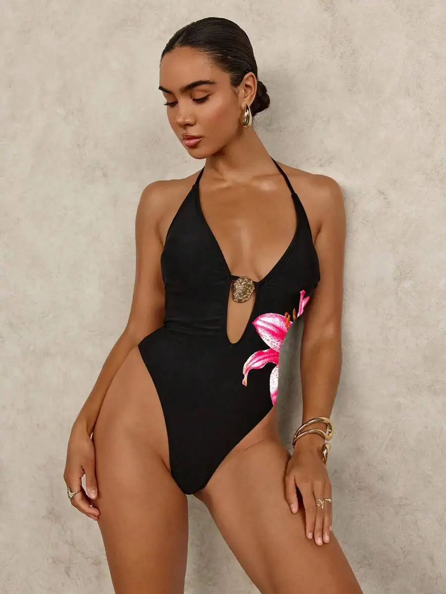 

Womens Floral Print Halter One-Piece Swimsuit With Cutout Detail
