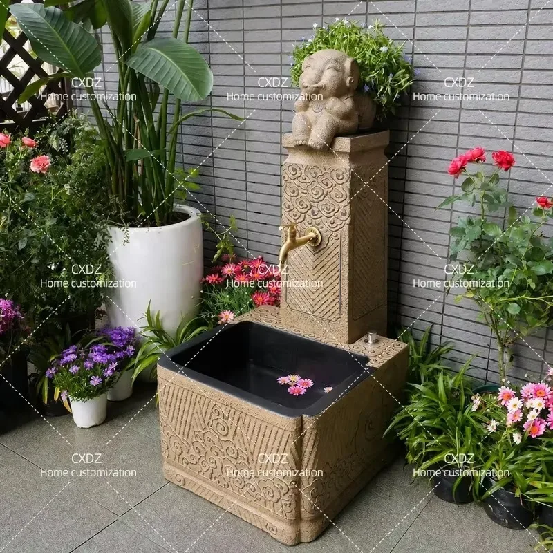 Outdoor Vertical Faucet with Floor Standing Wash Basin for Garden Courtyard Balcony Watering and Mop Pool Cleaning