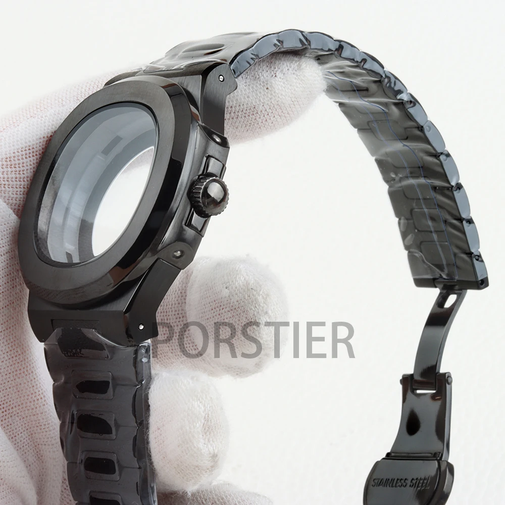 أسود 40 مللي متر NH35 ساعة حافظة الصلبة 316L الفولاذ المقاوم للصدأ مقاوم للماء ل نوتيلوس NH35 NH36 NH38 حركة 25 مللي متر عرض سوار #5