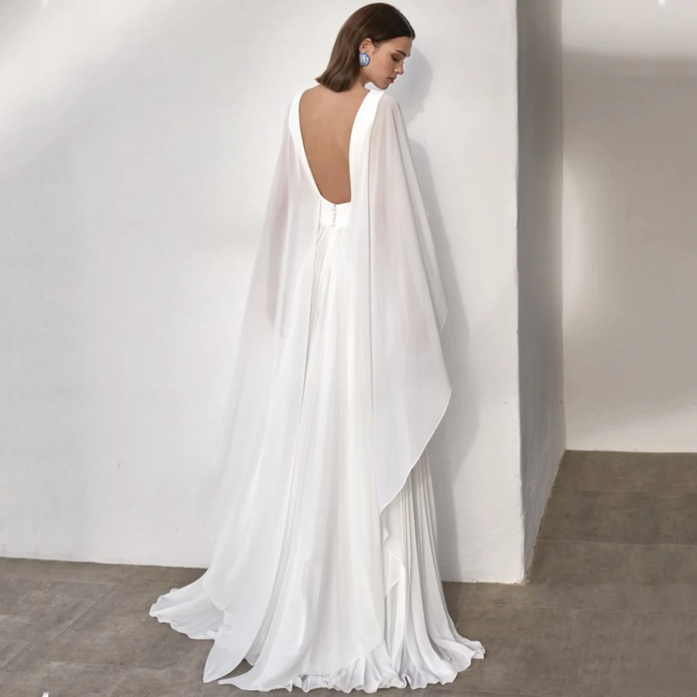 Simple Draped A-Line Wedding Dress Sexy Open Back O-Neck Chiffon Bridal Cloak Three Quarter Floor Length Customized Gowns