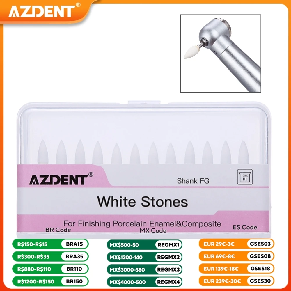 12PCS/Box Dental White Stone Polishing Polisher AZDENT White Sandstone Grinding Head FG Drills Flame Cone Round Shape Dentistry