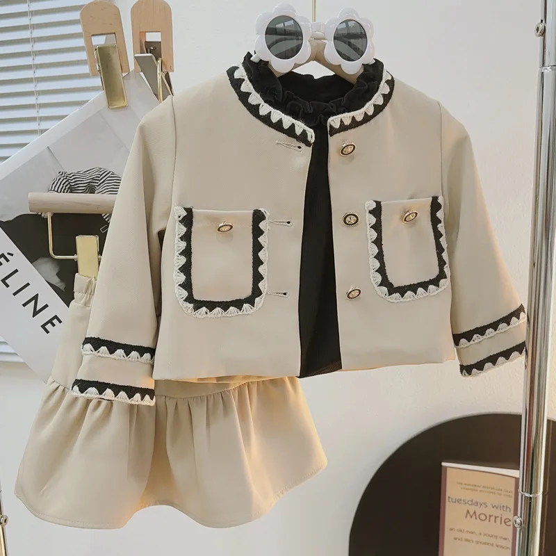 

Children Clothing Sets 2023 Autumn Fashion Khaki Elegant Princess Coat+Skirt Two Piece Children Suits For 2-8Years