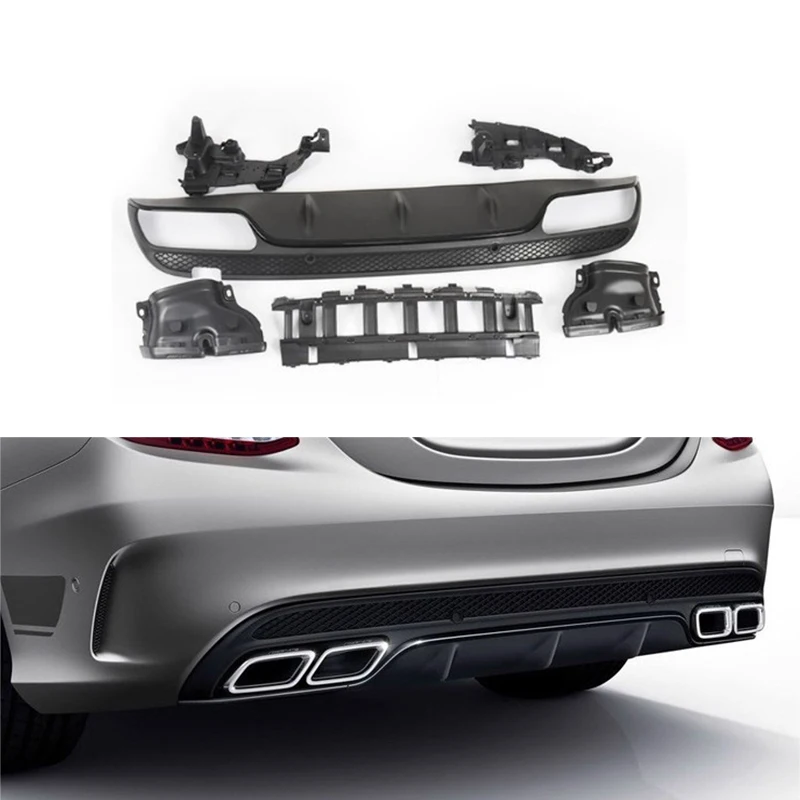 

For Benz W205 C43 C63 Sport Bumper 2015-2018 High Quality PP Stainless Steel Rear Bumper Lip Diffuser with Exhaust Port