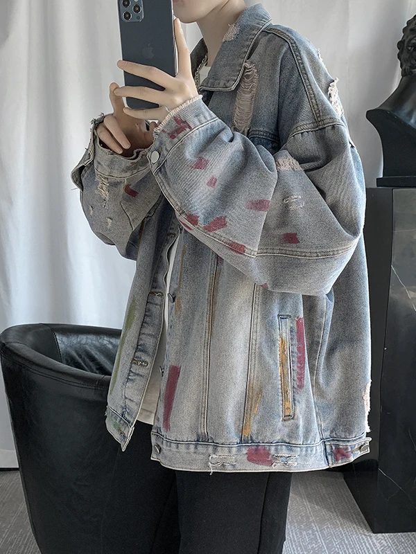 

Ретро Fiti Изношенная джинсовая куртка для мужчин Весенний хип-хоп Street Sle Свободный крой Long Sve Молодежный модный бренд ex