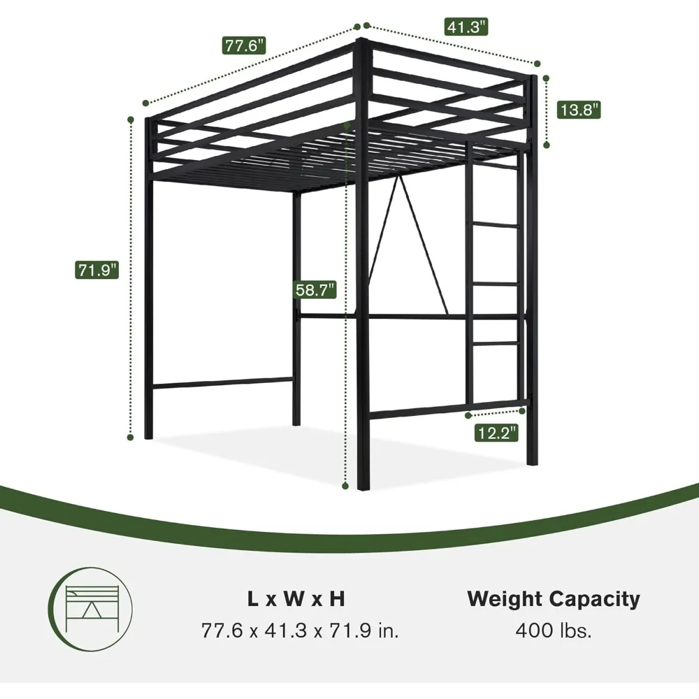 Loft Bed Frame for Juniors&Adults, Metal Loft Bed Twin Size with Safety Guardrail&Removable Ladder, Space-Saving, Noise Free