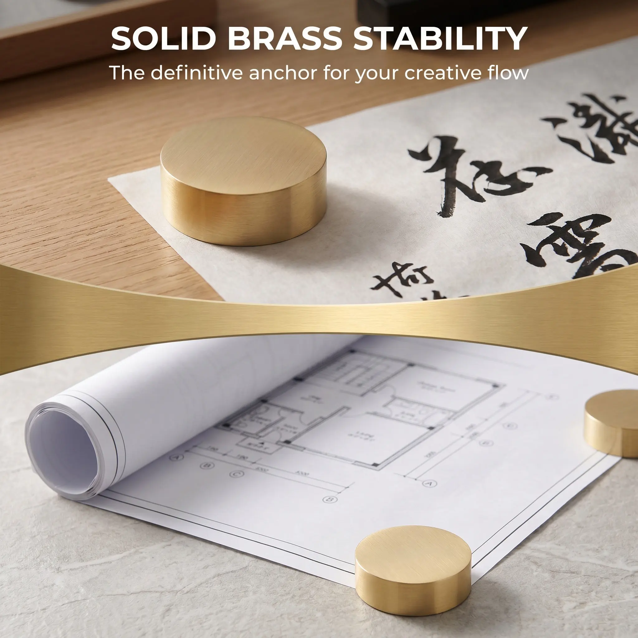 2Pcs Smooth Polished Brass Round Paperweight Metal Heavy for Calligraphy Writing Studio Office Desk Study Room School Art