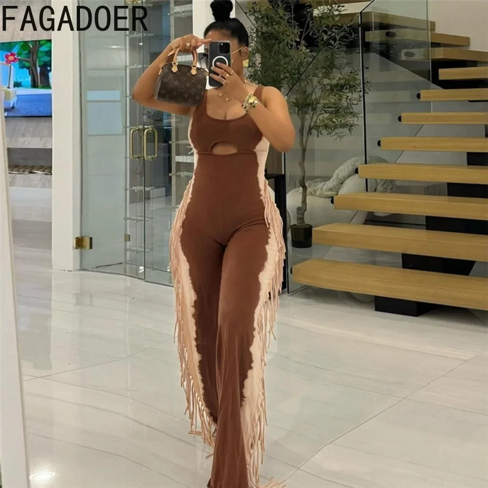 FAGADOER Fashion Color Stitching Hollow Out Tassels Jumpsuits Women Round Neck Sleeveless Backless Playsuits Female Overall 2024