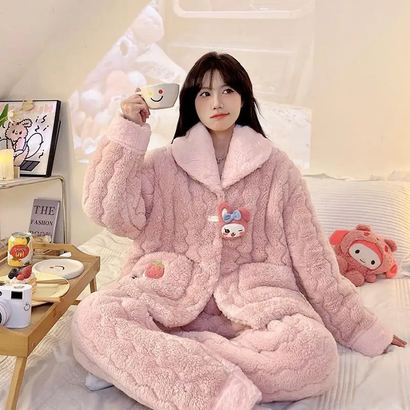 Sanrio Flannel Flip Collar Thickening Three Layer Cotton Pajama Set Kawaii My Melody Comic Girl Winter Keep Warm Home Clothes