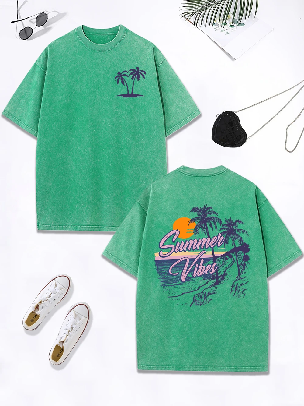 

Summer Vibes Beach Sunset Coconut Tree Prints Washed T-Shirt Women Cotton Oversized Tops Retro O-Neck T Shirt Street Clothes