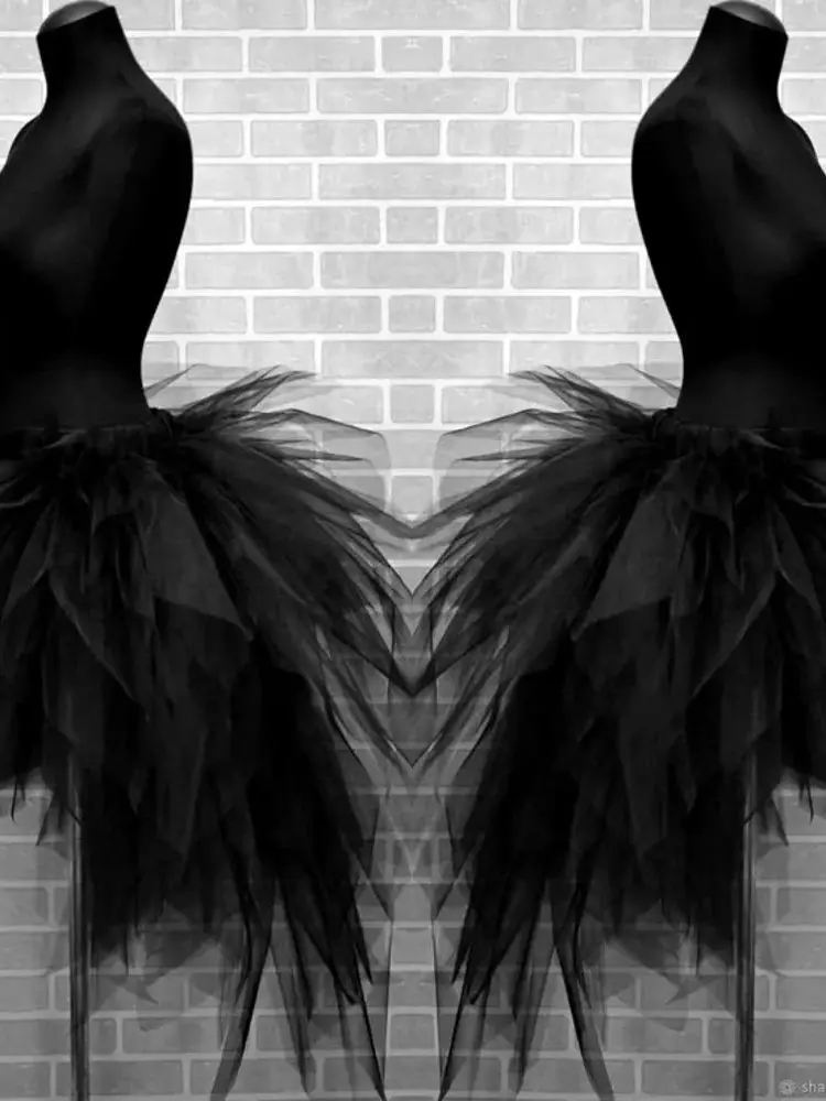 Real Image Gothic Black Ruffles Ruched Short Tutu Tulle Skirts Girls Mini Detachable Train Women Tulle Maxi Skirt