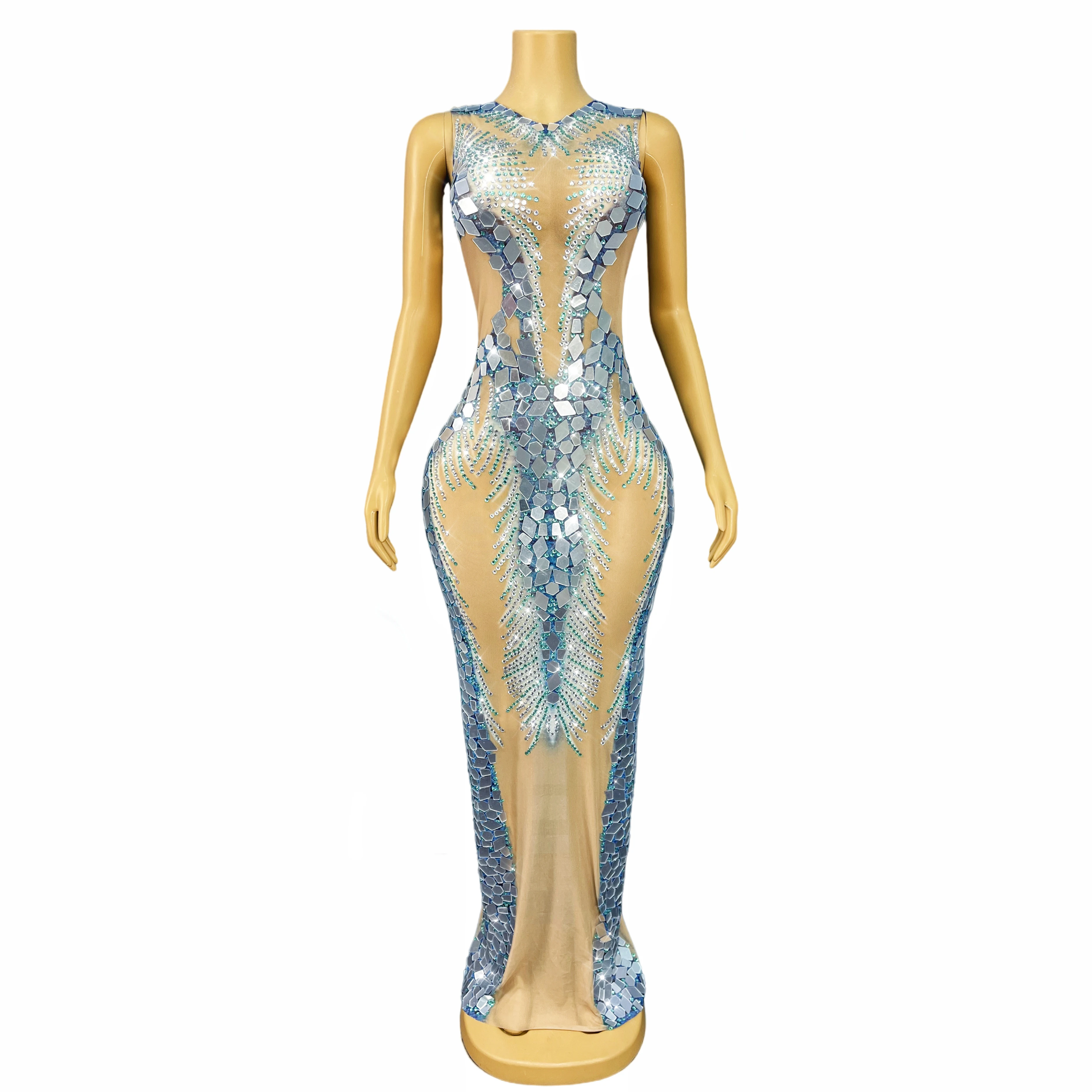 Nieuwe Shining Spiegels Steentjes Transparante Mesh Lange Avondjurk Vrouwen Cocktail party Jurk Rode loper Show Outfit Shuilanhua