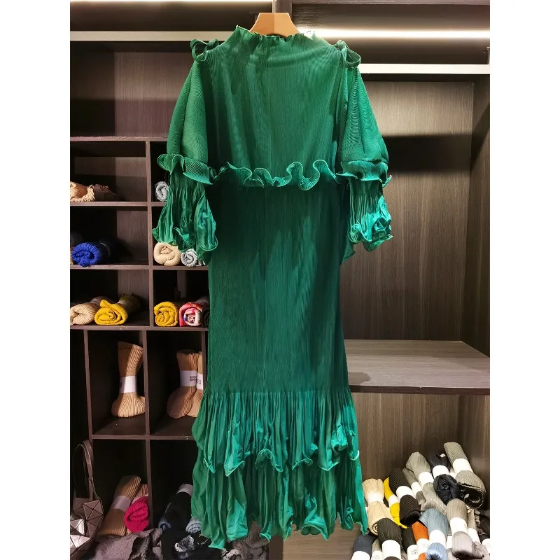

Miyake Pleated Dresses Design Sense Wooden Ear Flared Sleeve Long Plisse Dress Women 2026 Spring New Tie Waist Mid-length Skirt