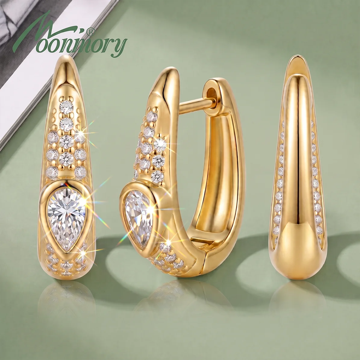 Moonmory Original Design 5A Birnenförmige Zirkon-Huggie-Creolen für Damen, minimalistisch, umweltfreundlich, 18K vergoldet – Detail 6