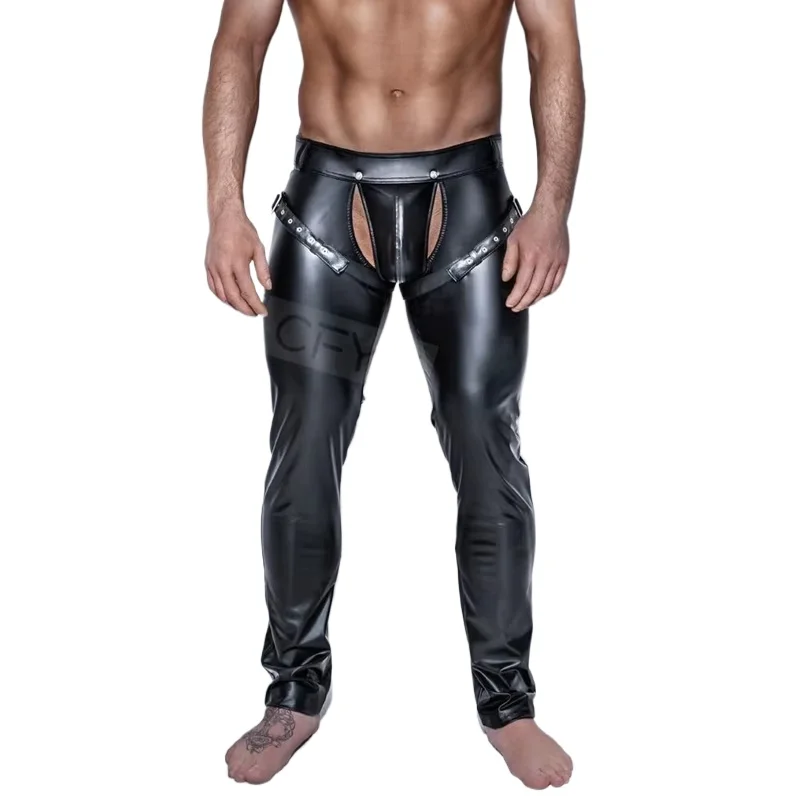 

Sexy Unisex Men's Summer New Low Waisted PU Leather Thin Pants Black Sexy Leggings Shiny Pencil Stretch Trousers